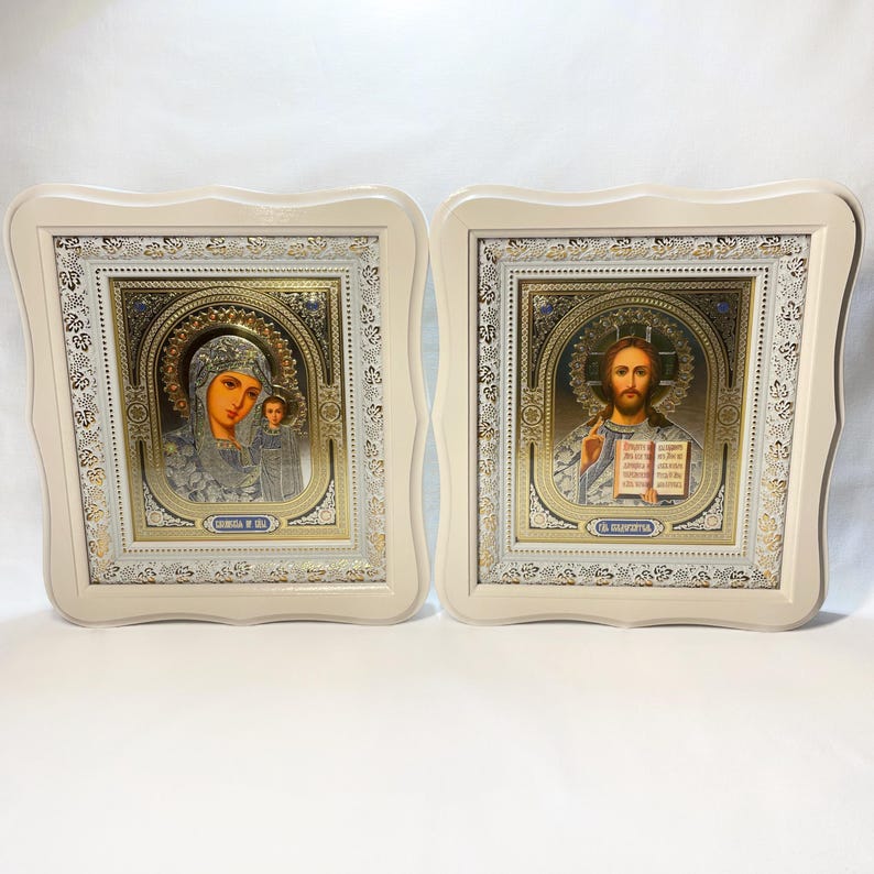 Set of two white wedding icons | Mother God | Jesus Christ | Icon in wooden frame | Icon under glass | Figured icon case | Wedding icons | image 4