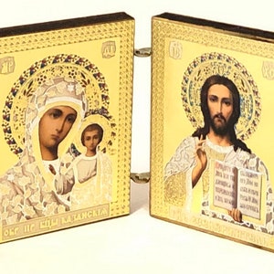 Icono plegable / Icono doble / Jesucristo Madre de Dios / Icono ortodoxo / Icono de madera / Icono pequeño / Icono de bolsillo / Salvador / Icono de escritorio /