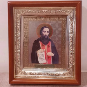 Icon in wooden frame saint Feodosiy Pechersky | Icon under glass with decoration | Orthodox icon | Lithography icon | 15x17 cm | Icon saint
