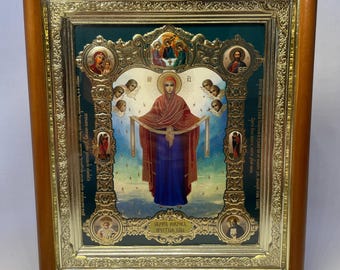 Icon 3D effect in wooden frame Protection Mother of God | Icon Pokrov Mother God under glass | Orthodox icon | Lithography icon | Icon 20x22