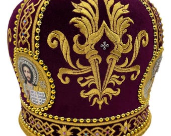 Priest violet-gold miter | High-quality velvet miter | Decorated embroidered priest mitra | Priest headdress burgundy-gold velvet miter |