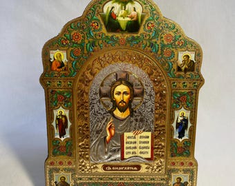 Jesus Christ Icon on wooden base | Orthodox hardboard icon | Embossed icon | Jesus Christ | Desk icon | Standing wooden icon | Lord Almighty