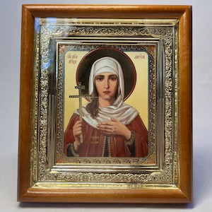 Icoon in houten lijst Heilige Martelaar Larisa | Icoon onder glas met decoratie | Orthodox icoon | Lithografie-pictogram | 15 x 17 cm | Icoon Larisa |