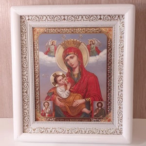 Icon in wooden white frame Mother of God Milkgiver | Icon under glass with decoration | Orthodox white icon | Lithography icon 21x24 |