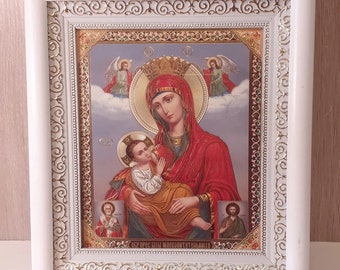 Icon in wooden white frame Mother of God Milkgiver | Icon under glass with decoration | Orthodox white icon | Lithography icon 21x24 |