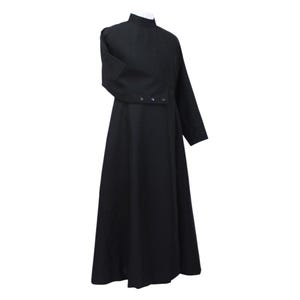 May include: A long, black clergy robe with a high, round collar and long sleeves. The sleeve cuff features three small buttons. The robe is made of a dark, opaque fabric and has a full, flowing skirt.