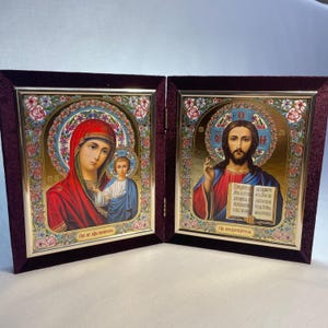 Orthodox big filding icon | Icon folding in velvet | Icon big fold of Jesus Christ | Icon of the Virgin Mary | Icon with enamel | 20x24 cm |