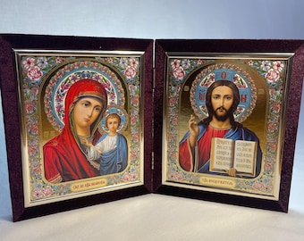 Orthodox big filding icon | Icon folding in velvet | Icon big fold of Jesus Christ | Icon of the Virgin Mary | Icon with enamel | 20x24 cm |