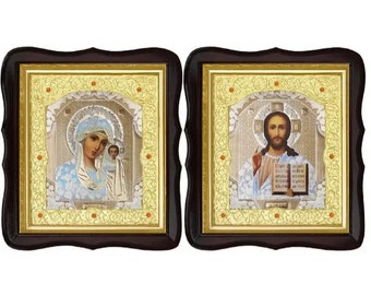 Set of two wedding icons in straight wooden frames | Mother God | Jesus Christ | Icon in wooden frame | Icon under glass | Wedding icons |