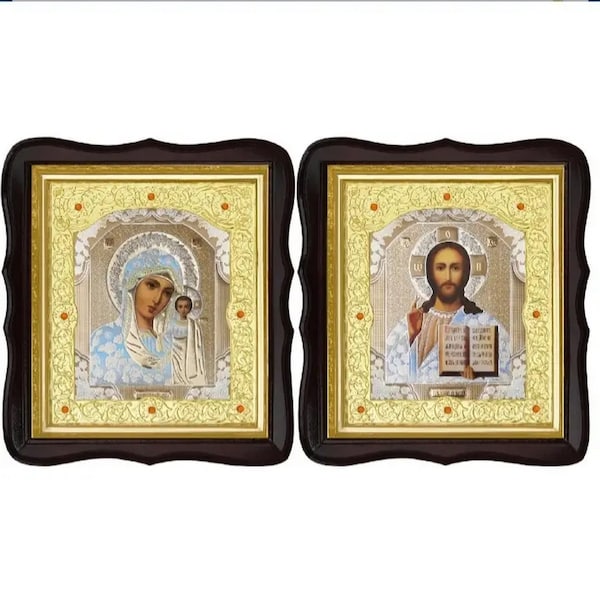 Conjunto de dos iconos de boda en marcos rectos de madera / Madre Dios / Jesucristo / Icono en marco de madera / Icono bajo cristal / Iconos de boda /