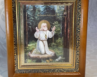 Icon in wooden frame Seraphim of Sarov | Icon under glass with decoration | Orthodox icon | Lithography icon | Saint Seraphim Sarovskiy |