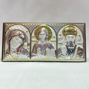 Icono de tríptico y auto / Icono ortodoxo de plata 925 / Icono de auto / Jesucristo / Madre de Dios / San Nicolás / Icono tríptico dorado /