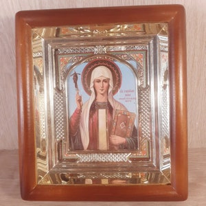 Icon in wooden frame Equal-to-the-Apostles Nina | Icon under glass with decoration | Orthodox icon | Lithography icon | 15x17 cm | Icon Nina
