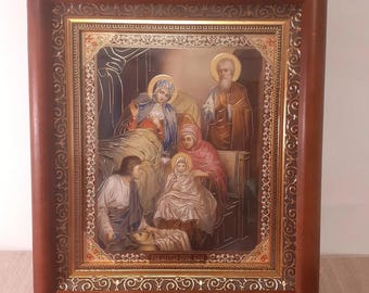 Icon in wooden frame of Nativity of Most Holy Mother God | Icon under glass with decoration | Orthodox icon | Lithography icon | 20x22 cm |
