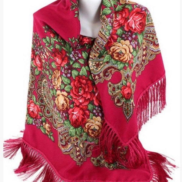 Schal mit Fransen Himbeerschal Schal mit Blumen Schal mit Ornament Pavlovo Posad Baumwollschal ukrainisches Halstuch Babuschka