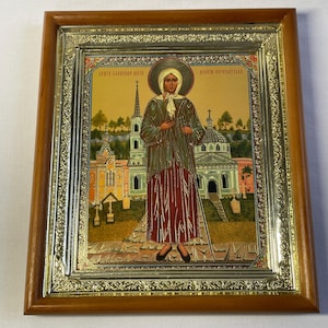 Icon in wooden frame Blessed Xenia Petersburg | Icon under glass with decoration | Orthodox icon | Lithography icon | 15x17 cm | Icon Ksenia