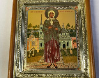 Icon in wooden frame Blessed Xenia Petersburg | Icon under glass with decoration | Orthodox icon | Lithography icon | 15x17 cm | Icon Ksenia