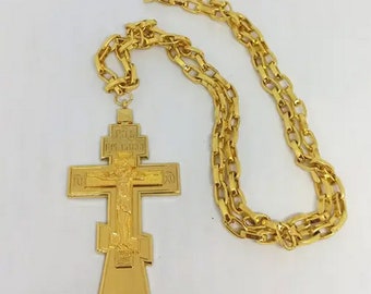 Priest's pectoral metal gilding cross | Crucifixion | Pectoral Cross | Metal priest Cross | Fasting Cross | Jesus Christ | Orthodox Cross |