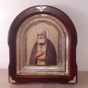 Icon wooden frame arch Venerable Seraphim of Sarov | 25х27.5 cm | Arch Wooden icon | Icon under glass | Icon orthodoxy Seraphim Sarovskiy |