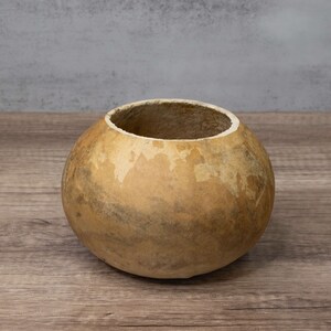 An example of a dried gourd bowl that is 6-inches in diameter with a straight-cut top.