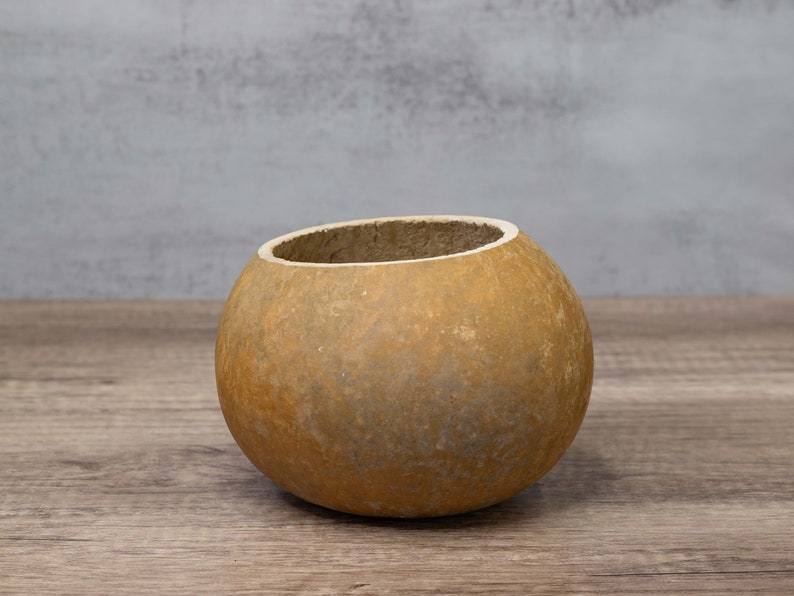 An example of a dried gourd bowl that is 6-inches in diameter with a straight-cut top.
