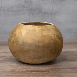 An example of a dried gourd bowl that is 6-inches in diameter with a straight-cut top.