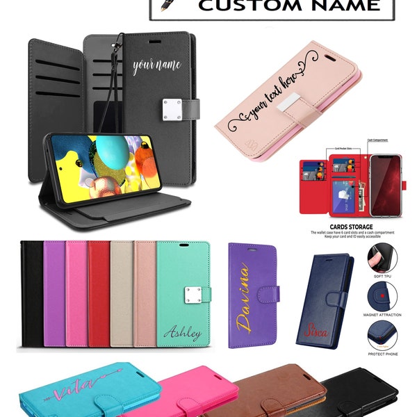 Leather Wallet Phone Case with Credit Card Holder Cash Storage Pouch Cover Personalized Custom Name Text For Apple iPhone 8 Plus /7/6 PLUS