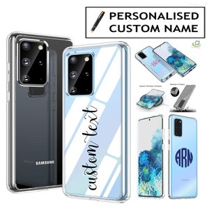 May include: A clear phone case with a blue and white design. The case has a personalized text that says "custom text". The case is shown with a phone inside, and there are other phone cases shown in the background.