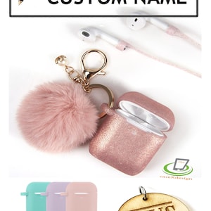 Personalized Custom Engraved Wooden Name Tag /Monogram Initial For Apple Airpods 1 & 2 Silicone Rubber TPU Case PomPom Fur Ball Strap Cover