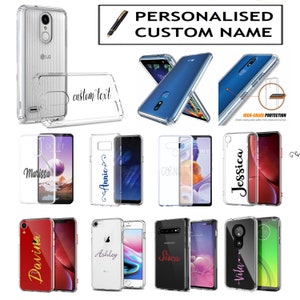 May include: A collection of clear phone cases with personalized names and text. The cases are designed to protect phones from drops and bumps. The cases are available in a variety of colors and styles.