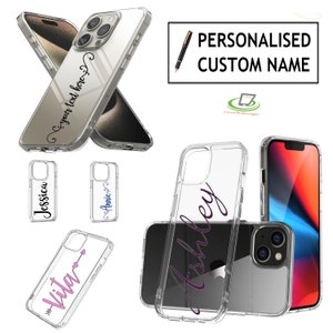 May include: Clear phone case with a personalized name in a cursive font. The case is shown with different names, including "Ashley", "Jessica", "Annie", and "Vita".