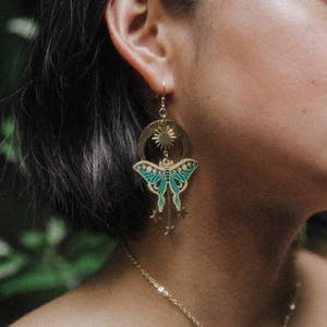 Luna Moth Galaxy Drop Earrings (14K Gold Plated)