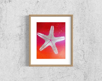 Bold Red Orange Art • 11x14 Canvas Panel • Ocean Artwork • Starfish Painting No.1003 "Sunset Star"