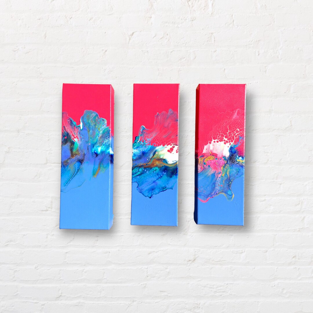 Vibrant Fluid Art Set Blue Pink Acrylic Paint Pour On Canvas Modern