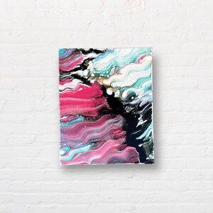 May include: Abstract painting with swirling patterns in shades of pink, blue, white, and black.
