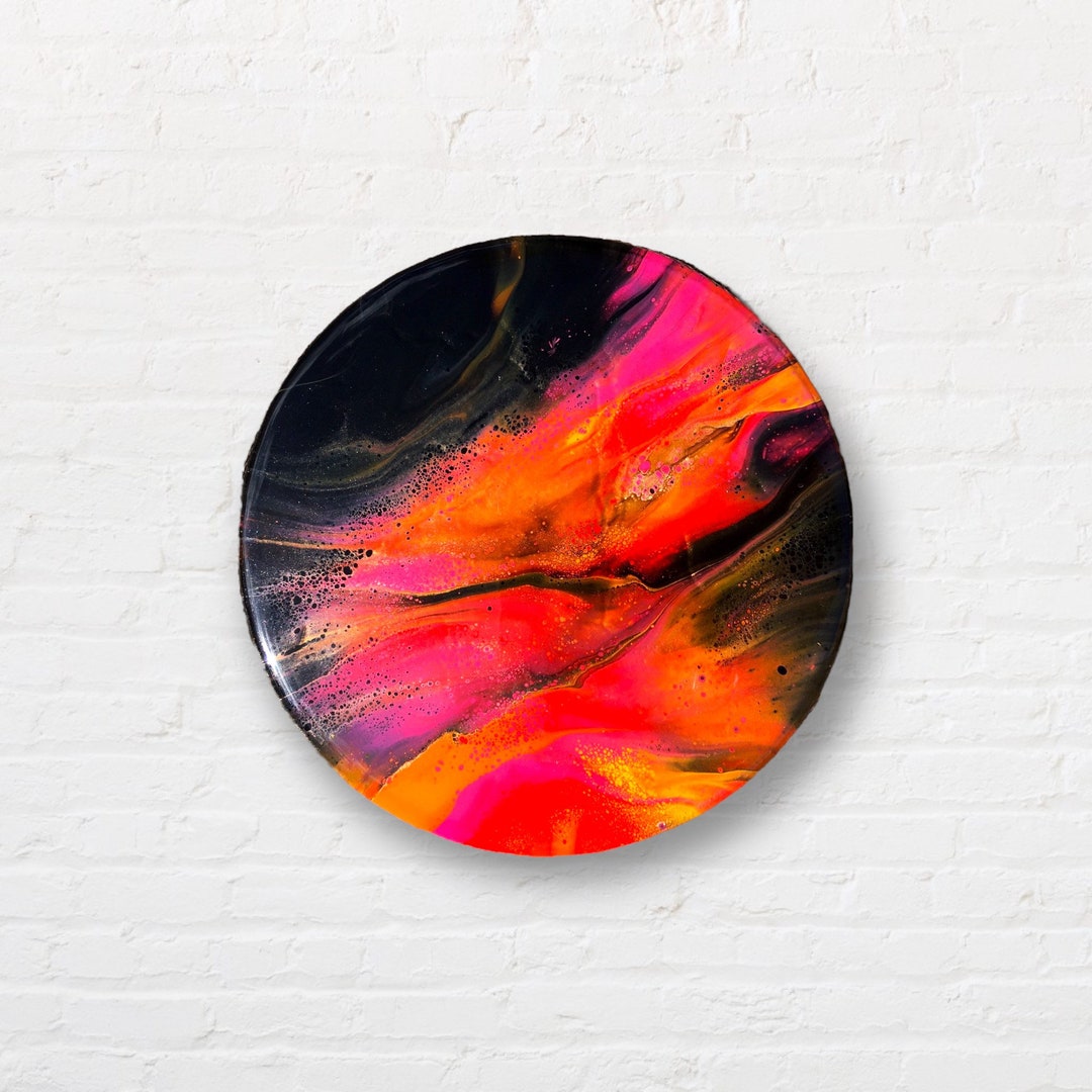 7 Red Abstract Painting Small Resin Wood Round Painting Original