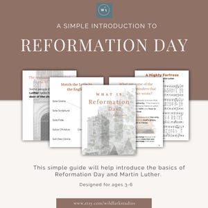 May include: A set of educational guides about Reformation Day. The guides have text and illustrations, including a church image and the words "Reformation Day." The guides are designed for ages 3-6.