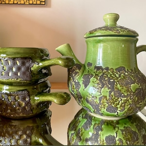 Laurentienne Pottery Lava Teapot And Handled-Bowls - Vintage Canadian Artisan Pottery.
