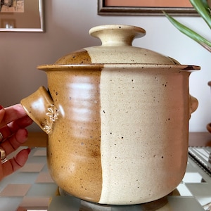 May include: A large, brown and white ceramic pot with a lid. The pot has a speckled glaze and a unique handle on one side.