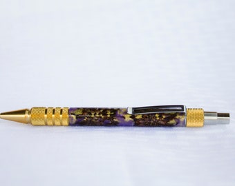 Sweet Gum Pod Pen with Purple Swirled Resin - Handmade | Brass | Gift for Her