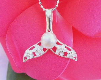 Hawaiian 925 Sterling Silver Jewelry Whale Tail Pearl Pendant Necklace