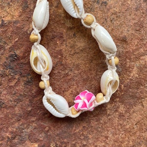 Hawaiian Natural Puka Shell Plumeria Beaded String Anklet & Bracelet with Adjustable Chain