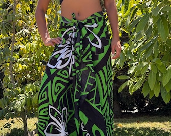 Hawaii Design Sarong Pareo Green Plumeria Honu Turtle Tribal Cruise Beach Pool Sexy Bikini Cover-Up Wrap Dress