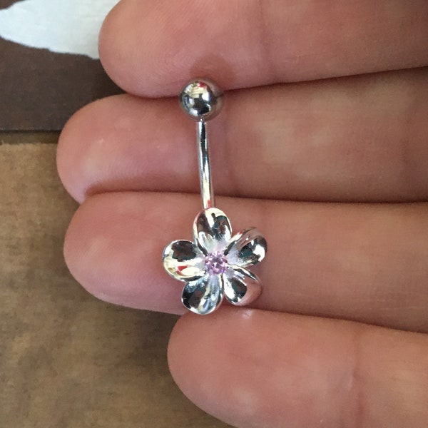 Hawaiian 925K Sterling Silver Jewelry Pink Cubic Zirconia Plumeria Belly Navel Ring