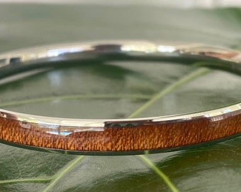 Hawaiian Design Natural Koa Wood Stainless Steel Hawaiian Bangle Island Jewelry Bracelet ( 6mm )