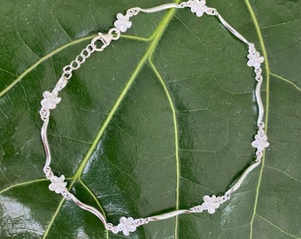 Hawaiian Design 925K  Sterling Silver Linked Plumeria Flower Anklet Jewelry