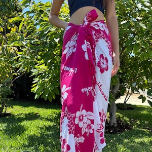 Hawaii Design Sarong Pareo Pink/White Hibiscus Tropical Cruise Beach Pool Sexy Bikini Cover-Up Wrap Dress
