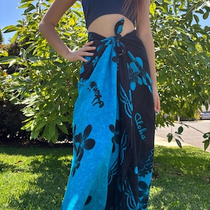 Hawaii Design Sarong Pareo Blue/Black Plumeria Tropical Cruise Beach Pool Sexy Bikini Cover-Up Wrap Dress