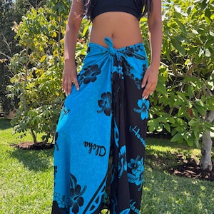 Hawaii Design Sarong Pareo Blue/Black Hibiscus Tropical Cruise Beach Pool Sexy Bikini Cover-Up Wrap Dress