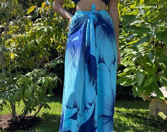 Hawaii Design Sarong Pareo Navy Teal Hibiscus Tropical Cruise Beach Pool Sexy Bikini Cover-Up Wrap Dress